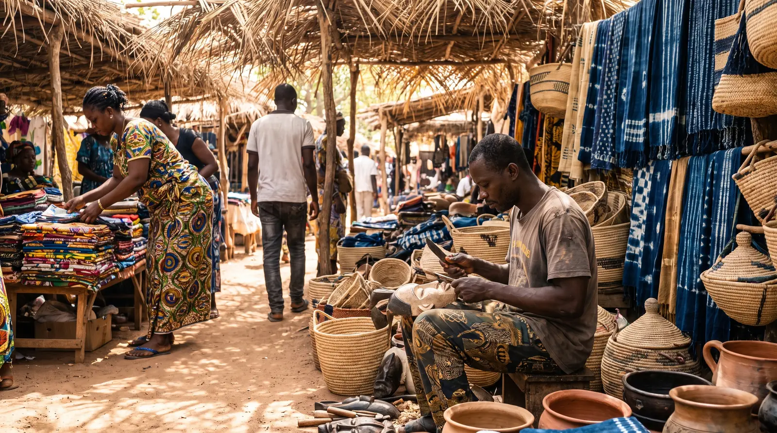 Artisan casamançais travaillant le bois sur son étal, entouré de vanneries et de tissus teints
