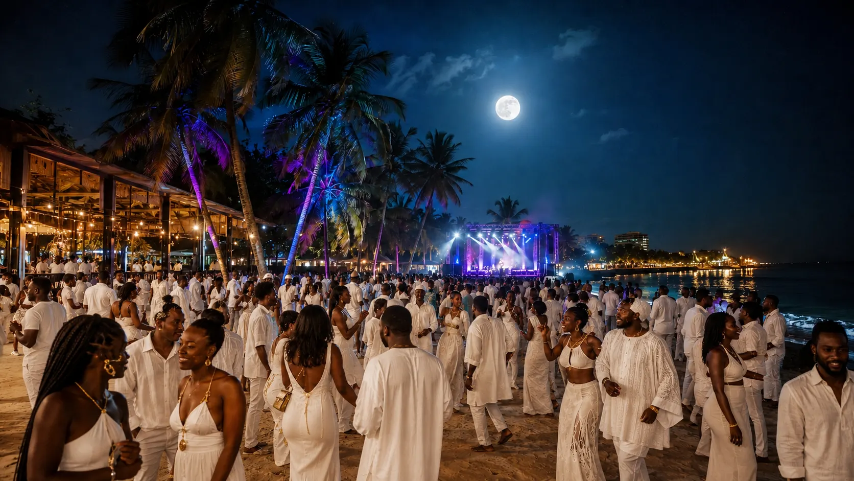 Foule vêtue de blanc dansant sur la plage sous la pleine lune, lors de Full Moon Africa à Cap Skirring